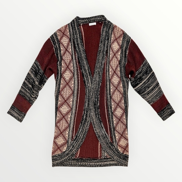 Open Front Long Knit Cardigan in Burgundy - Picture 3 of 15